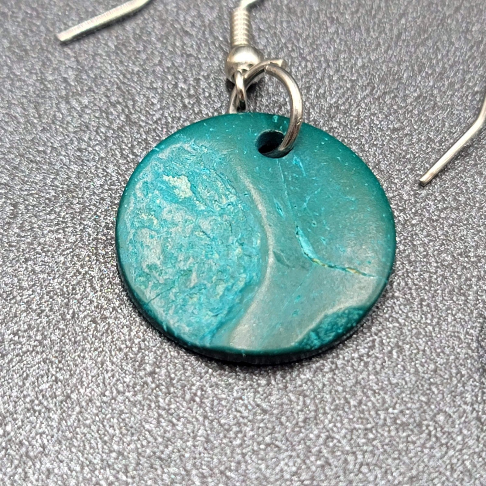 Pierced Earrings Teal Blue Coir Coconut Shell Round Dangle 3/4"