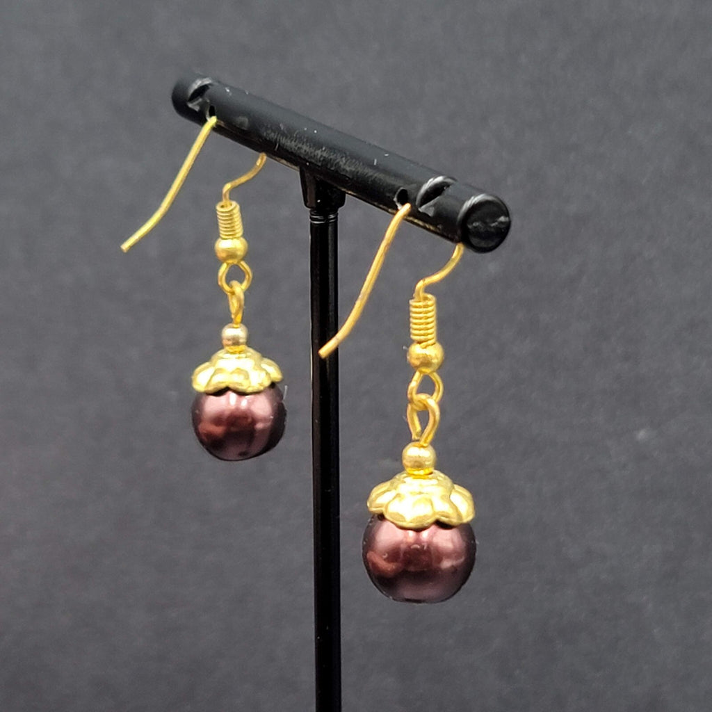 Pierced Earrings Gold tone Bronze Bead Capped Bead Dangle 3/4"