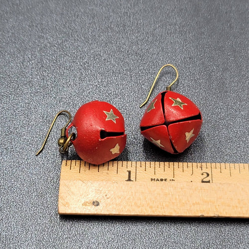 Christmas Pierced Earrings Gold Star Red Painted Jingle Bells 3/4"