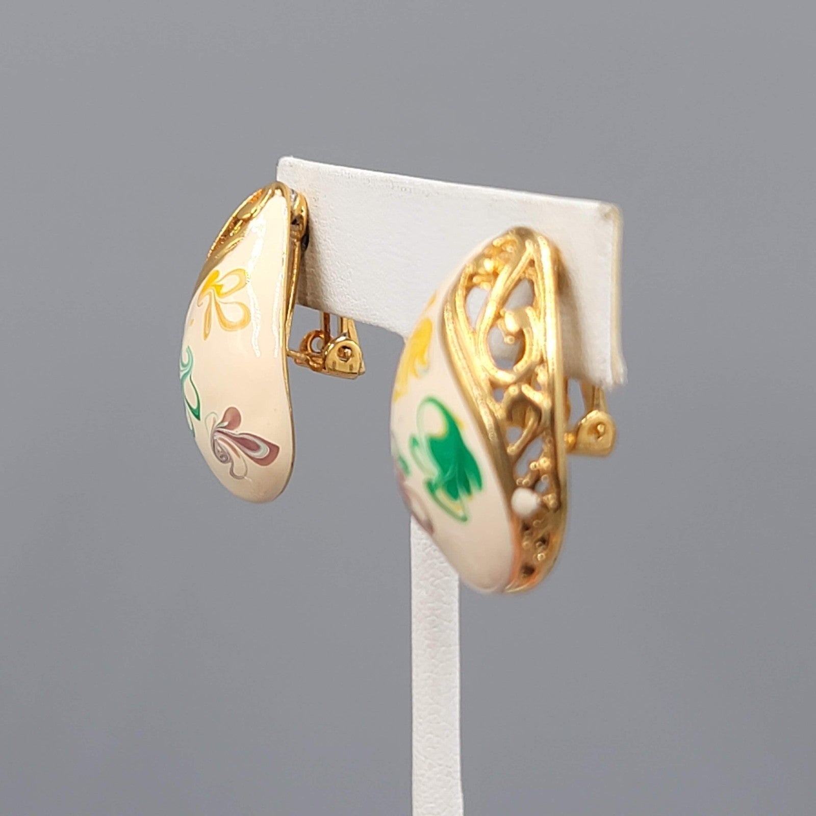 Vintage Enamel Clip on Earrings Gold Plated Yellow Purple Green Swirls 1 1/8"