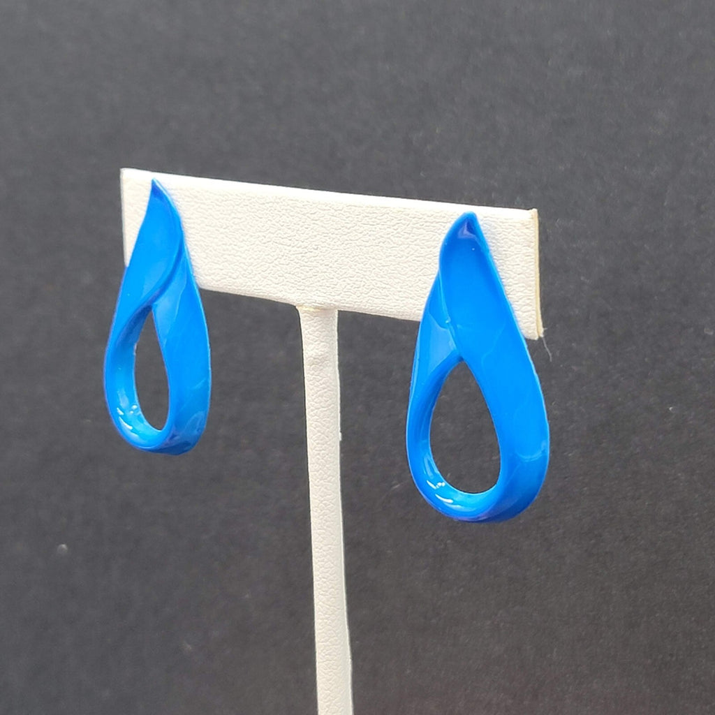 Vintage Pierced Earrings Blue Enamel over Metal Open Teardrop 1 3/8"