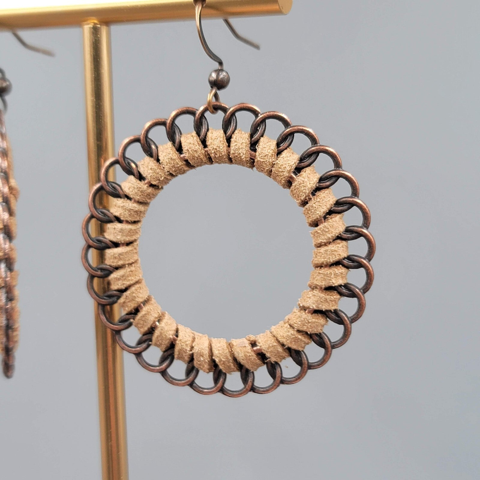 Pierced Earrings Bronze tone Dangle Faux Suede Leather Wrapped 1 5/8"