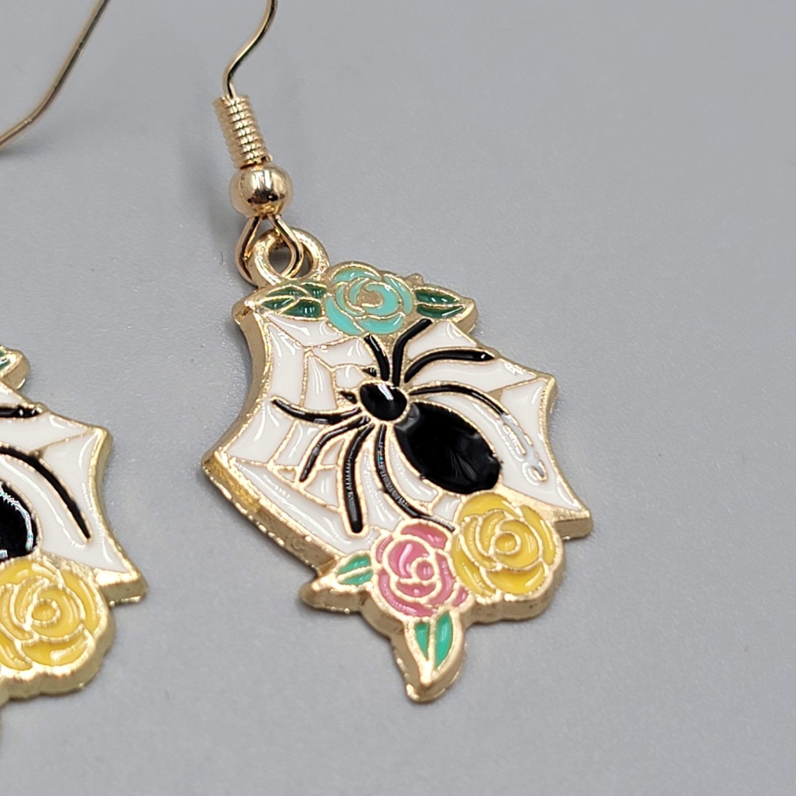 Pierced Earrings Gold tone Enamel Red Rose Moth Dangle 1"