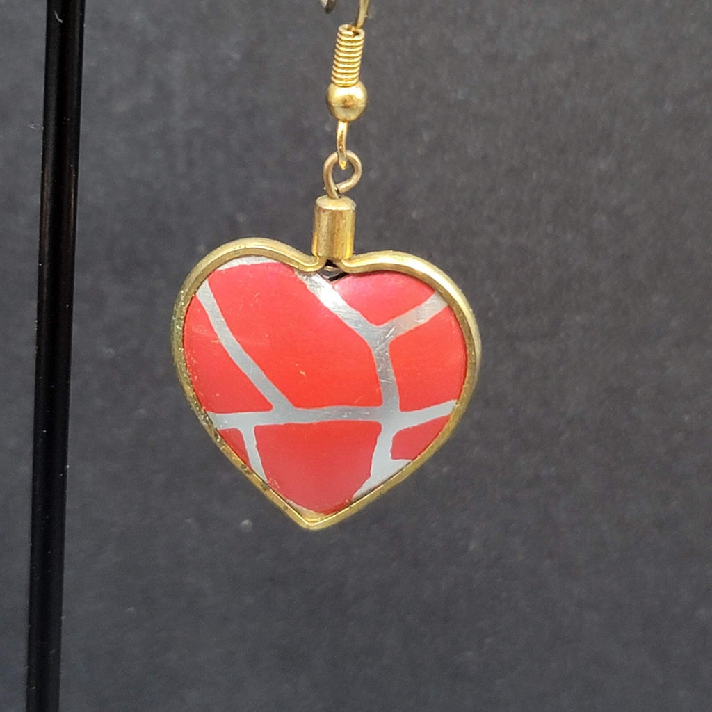 Vintage Pierced Earrings Gold toen Red Heart Dangle 1 1/8"