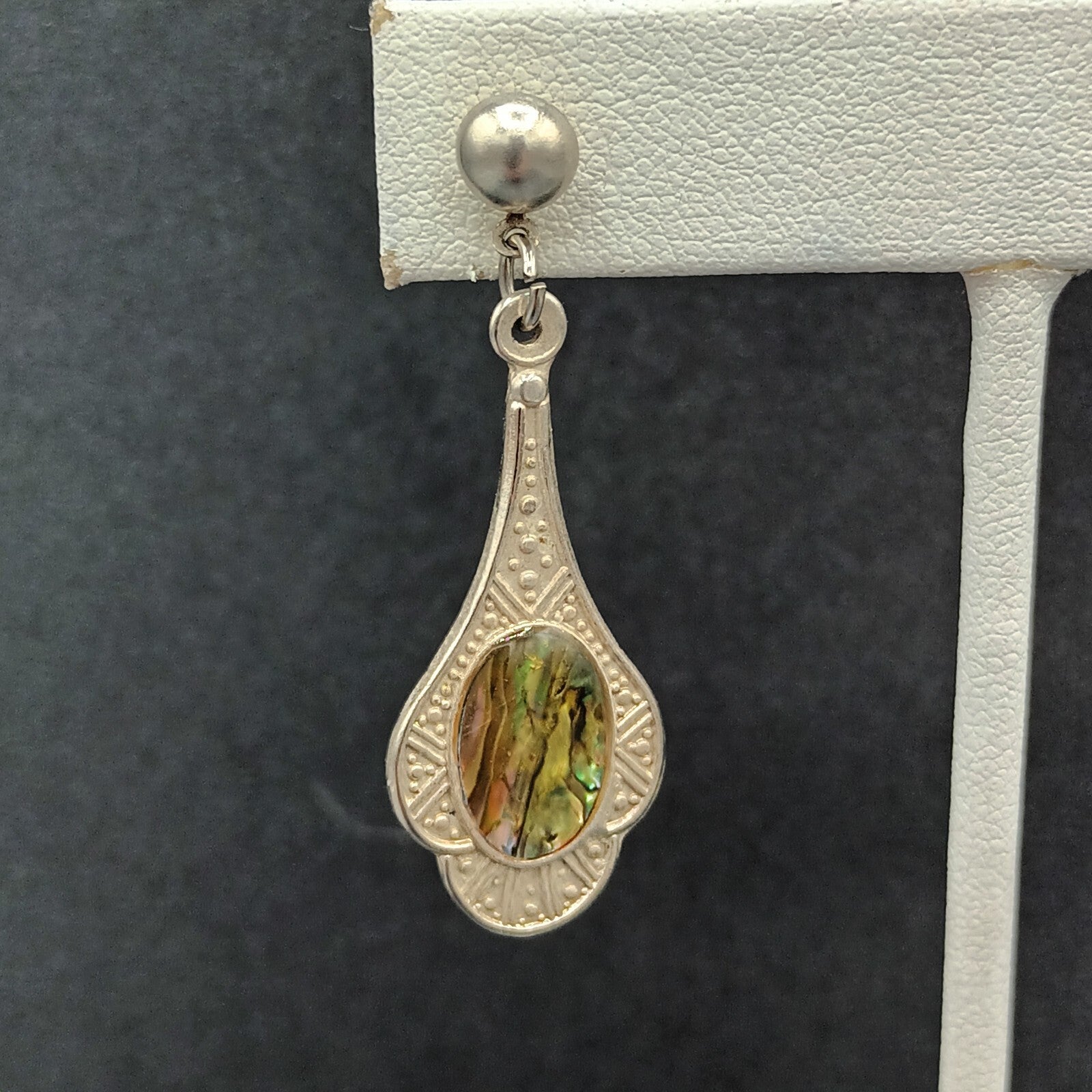Vintage Pierced Earrings Silver tone Faux Abalone Dangle 1.75"