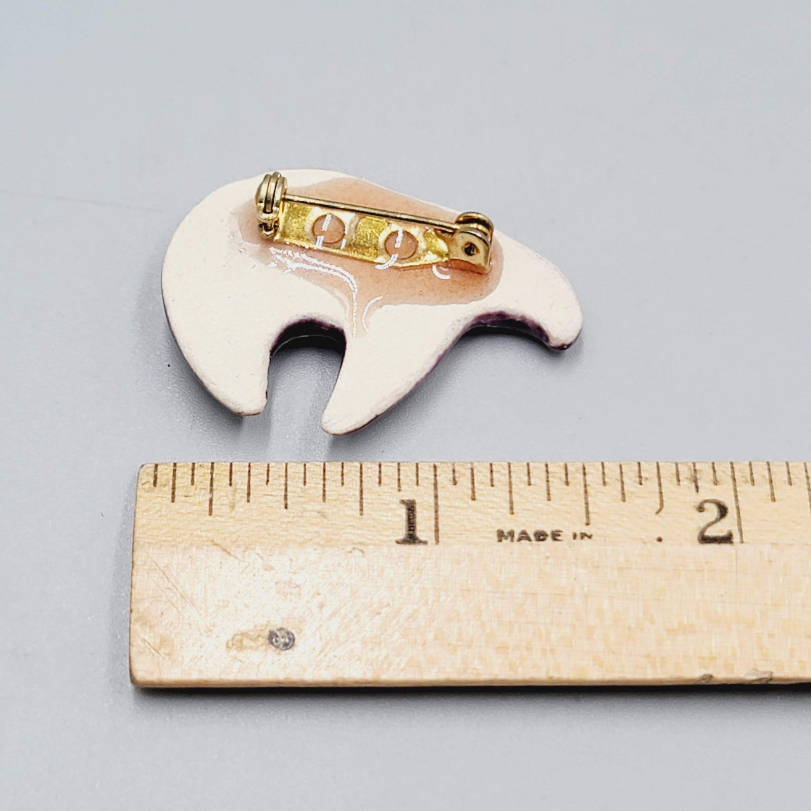Vintage Ceramic Purple and Gold Bear Brooch Hand Painted 1 3/8"