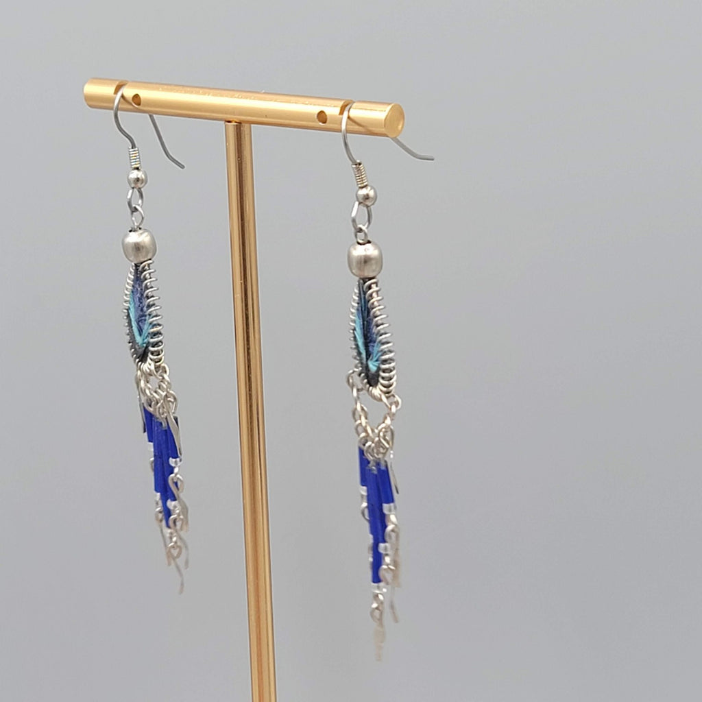 Boho Blue String Art Pierced Earrings Silver tone Dangle  2.75"