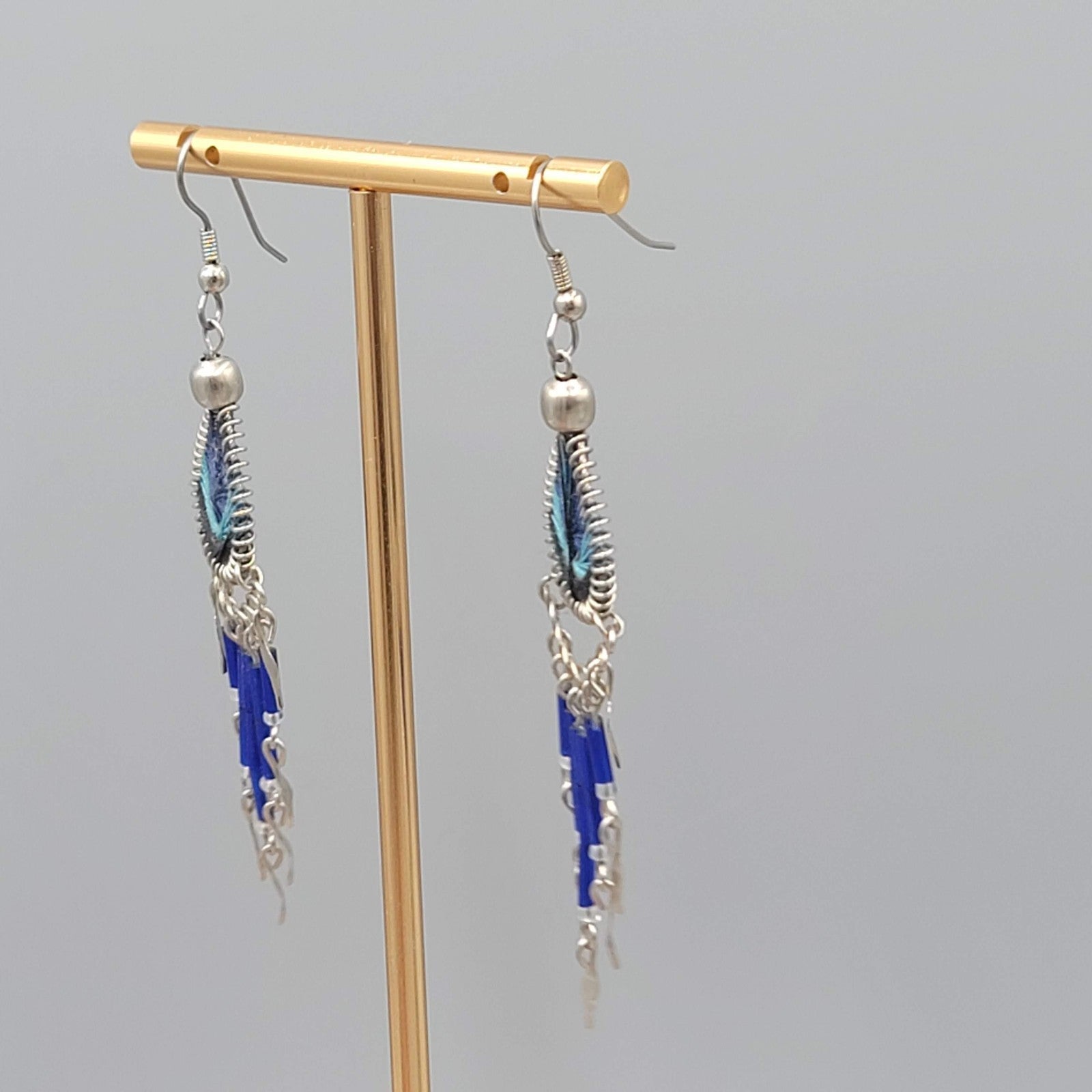 Boho Blue String Art Pierced Earrings Silver tone Dangle  2.75"