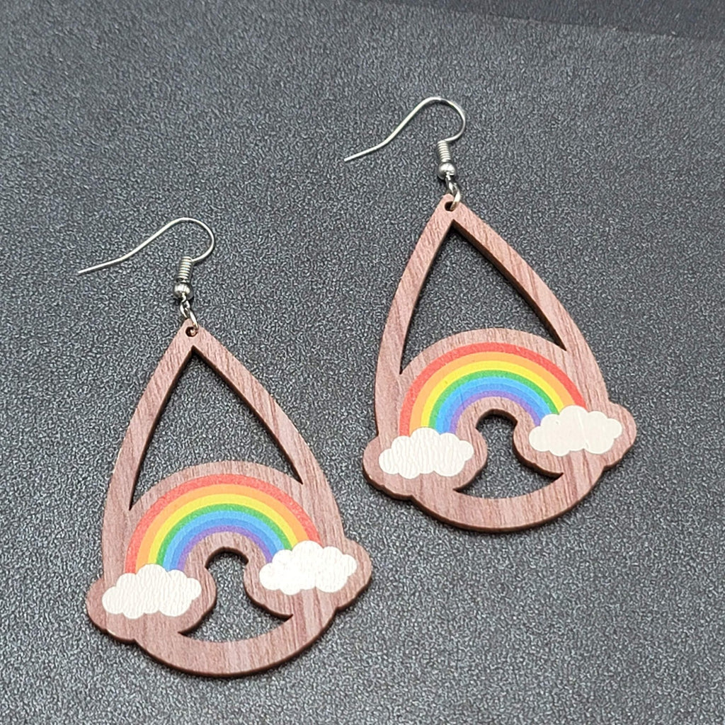 New Rainbow Pierced Earrings Pride Wood Teardrop Dangle 2.25"