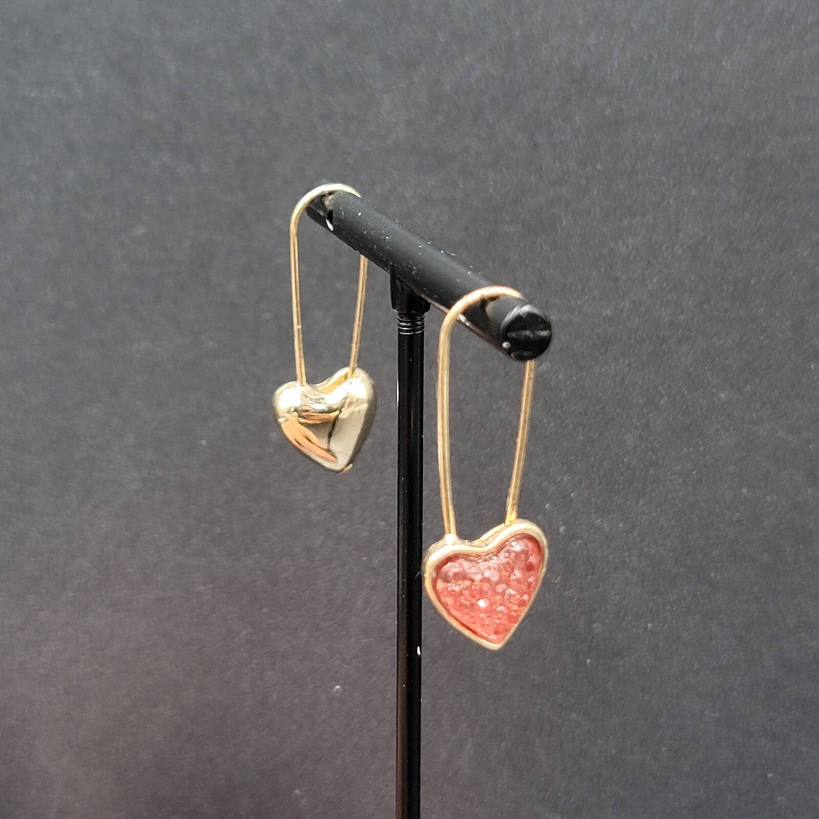 Pierced Earrings Gold Plated Pink Heart Dangle Loops 1 3/8"