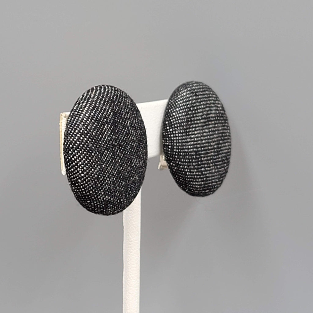 Vintage Black Denim Clip on Earrings Round Drop 1 1/8"