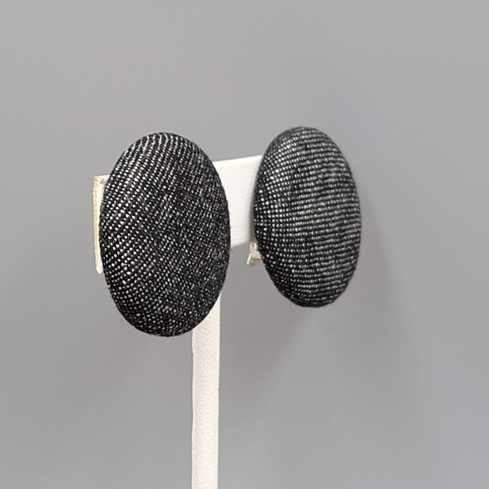 Vintage Black Denim Clip on Earrings Round Drop 1 1/8"
