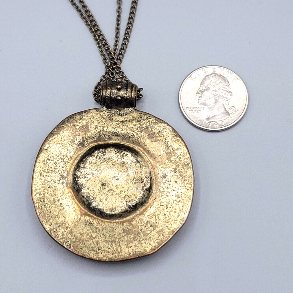 Large Medallion Pendant Necklace Bronze tone Yellow Glass 28"-31" Double Chain