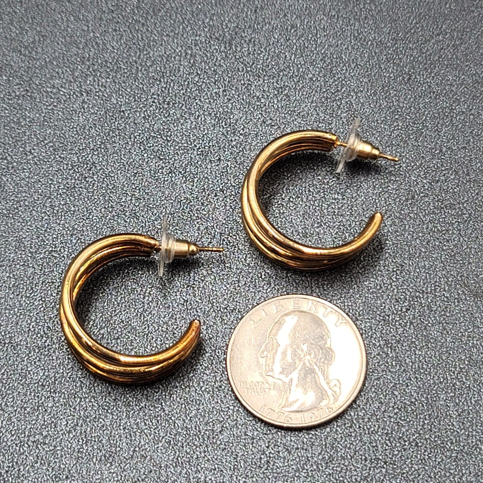 Pierced Earrings Triple Hoops Gold tone 1" Costume Jewely