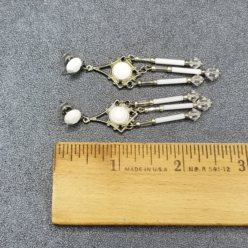 Pierced Earrings Silver tone Open Work Whited Faceted Crystal Dangle 2 1/2"