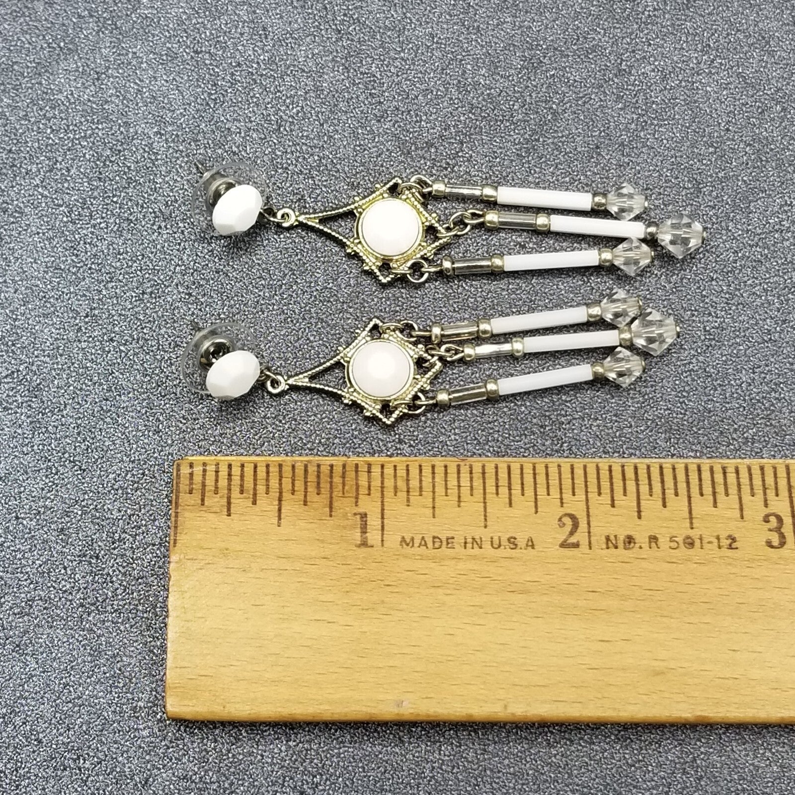 Pierced Earrings Silver tone Open Work Whited Faceted Crystal Dangle 2 1/2"