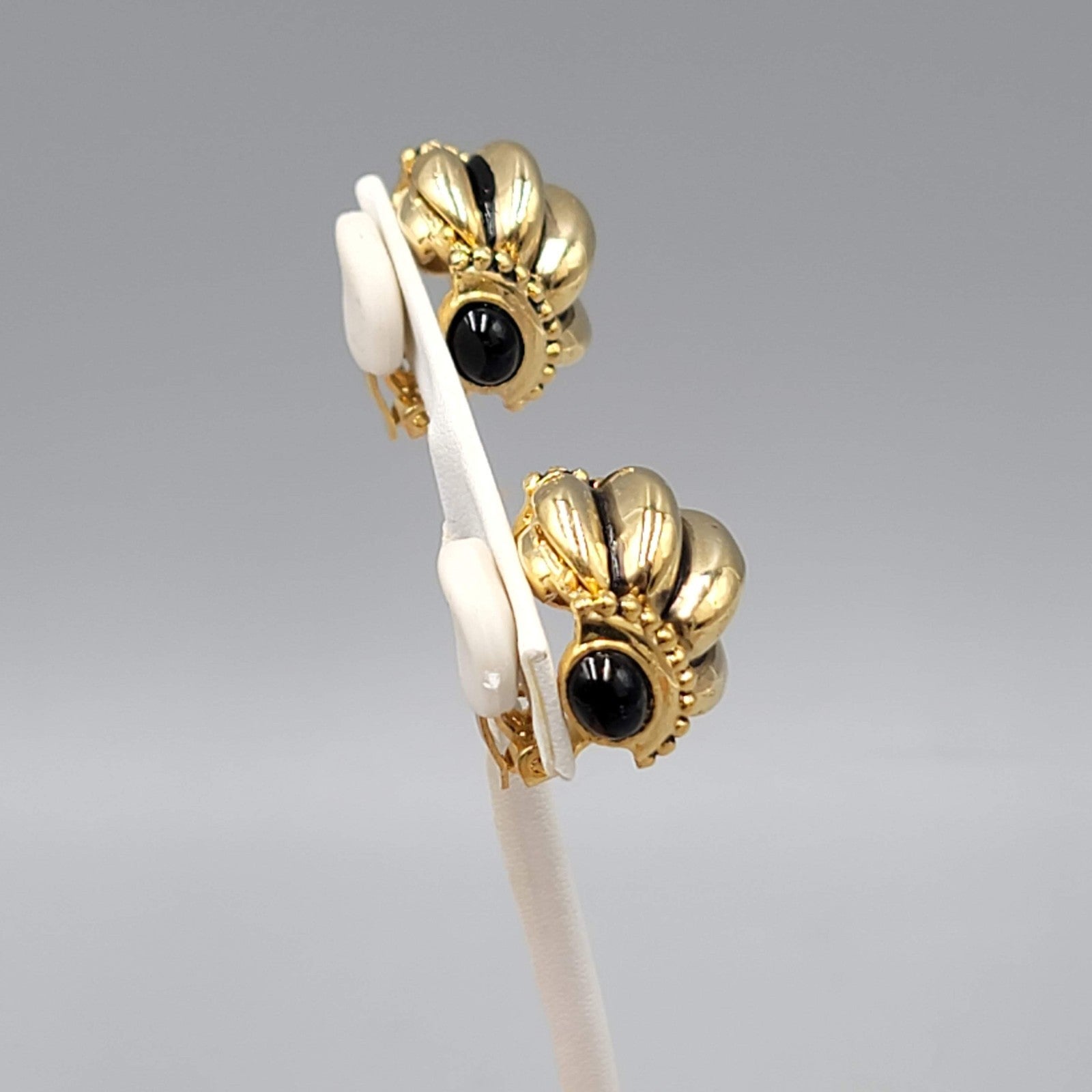 Vintage Clip on Earrings Gold Plated Black Side Accents Statement 1 in