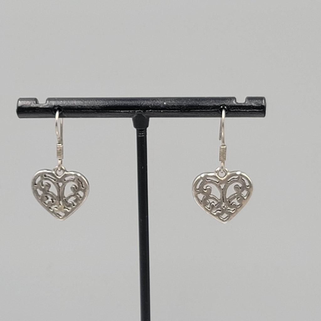 Heart Pierced Earrings Small Filigree Silver tone Dangle 1/2"