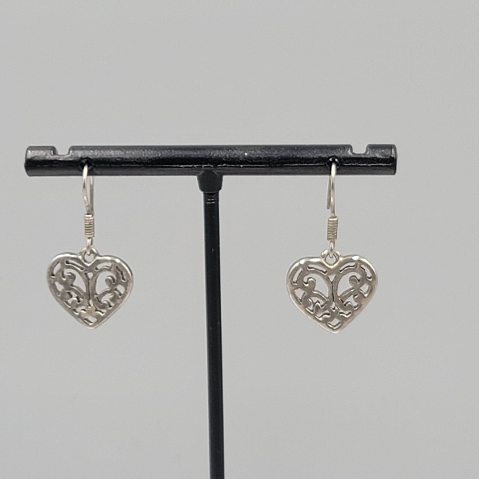 Heart Pierced Earrings Small Filigree Silver tone Dangle 1/2"