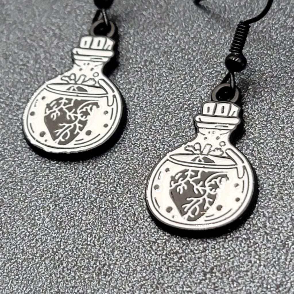 Poison Heart in Jar Pierced Earrings Black White Enamel Dangle 7/8" 
