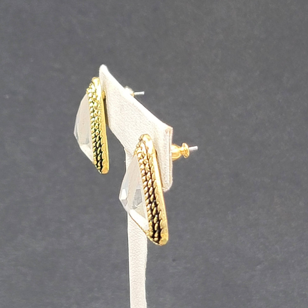 Pierced Earrings Gold tone Faceted Crystal Triangle Drop 1" SO Sparkly!!