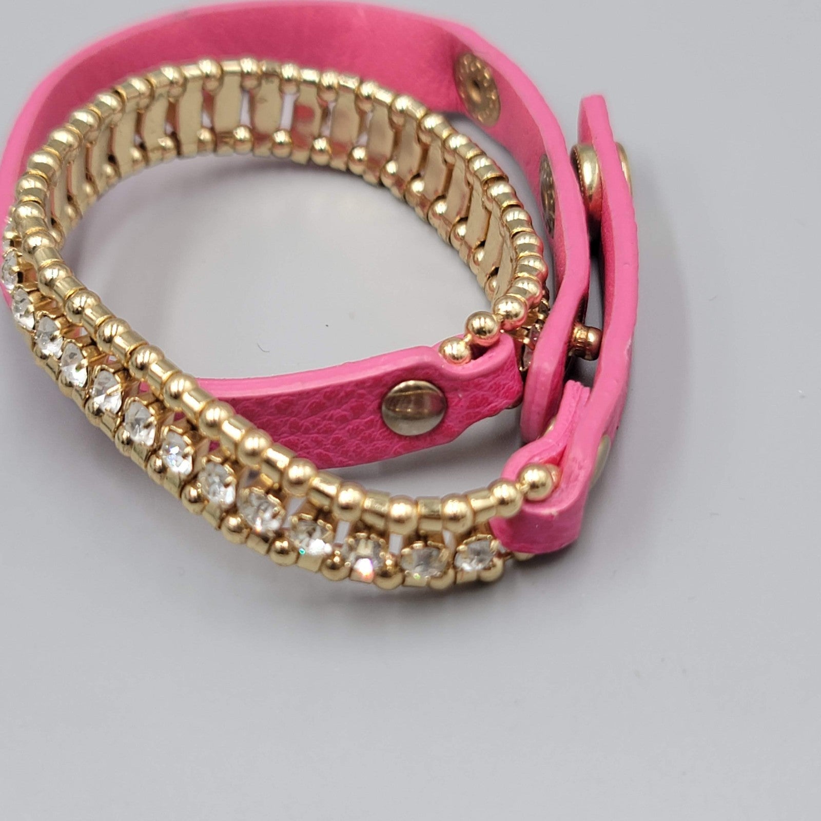 Pink Leather Crystal Wrap Bracelet Gold tone Snap Closure