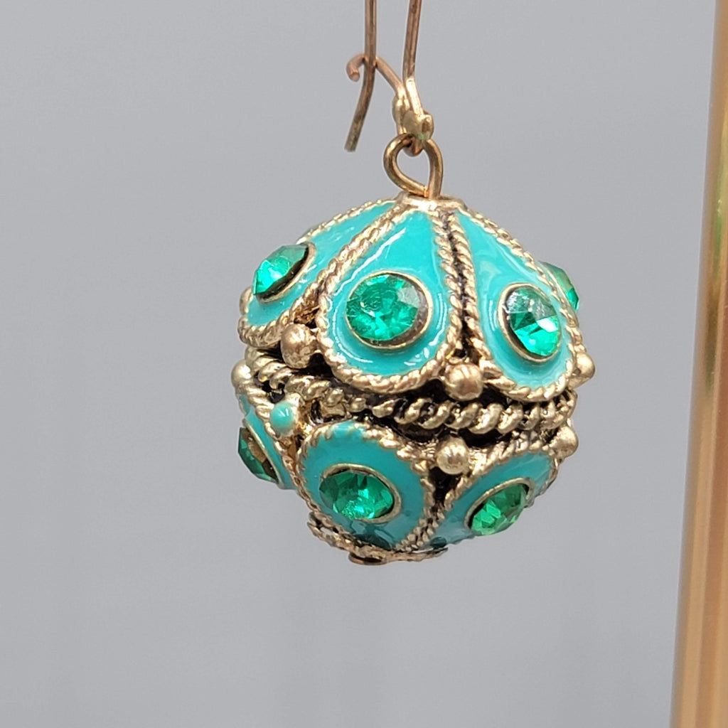 Green Rhinestone Blue Enamel Boho Pierced Earrings Gold tone Dangle 2.5 in