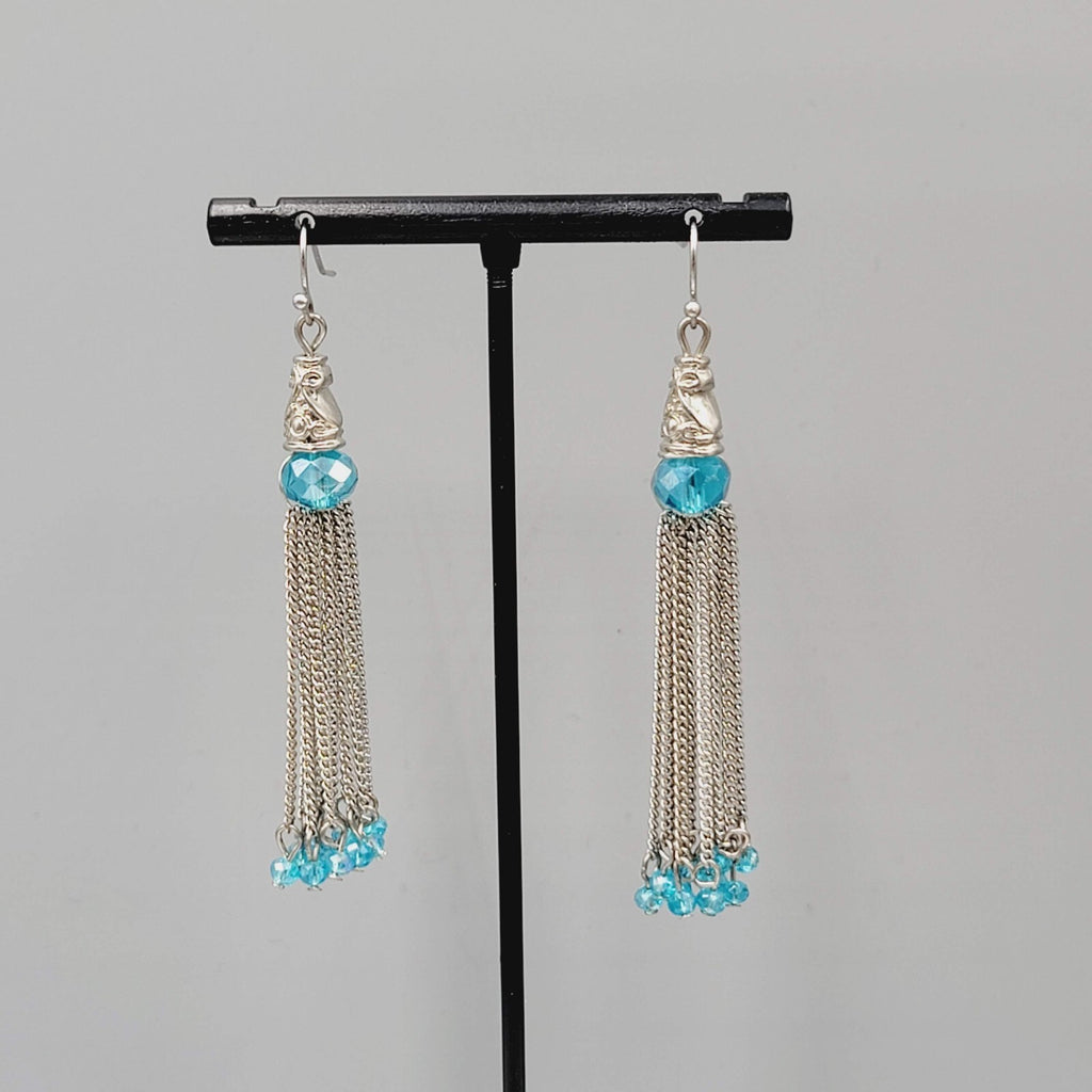 Dangle Chains Pierced Earrings Blue Crystal Beads Tassel 2.5"