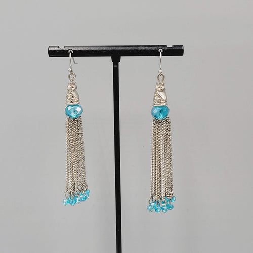 Dangle Chains Pierced Earrings Blue Crystal Beads Tassel 2.5"