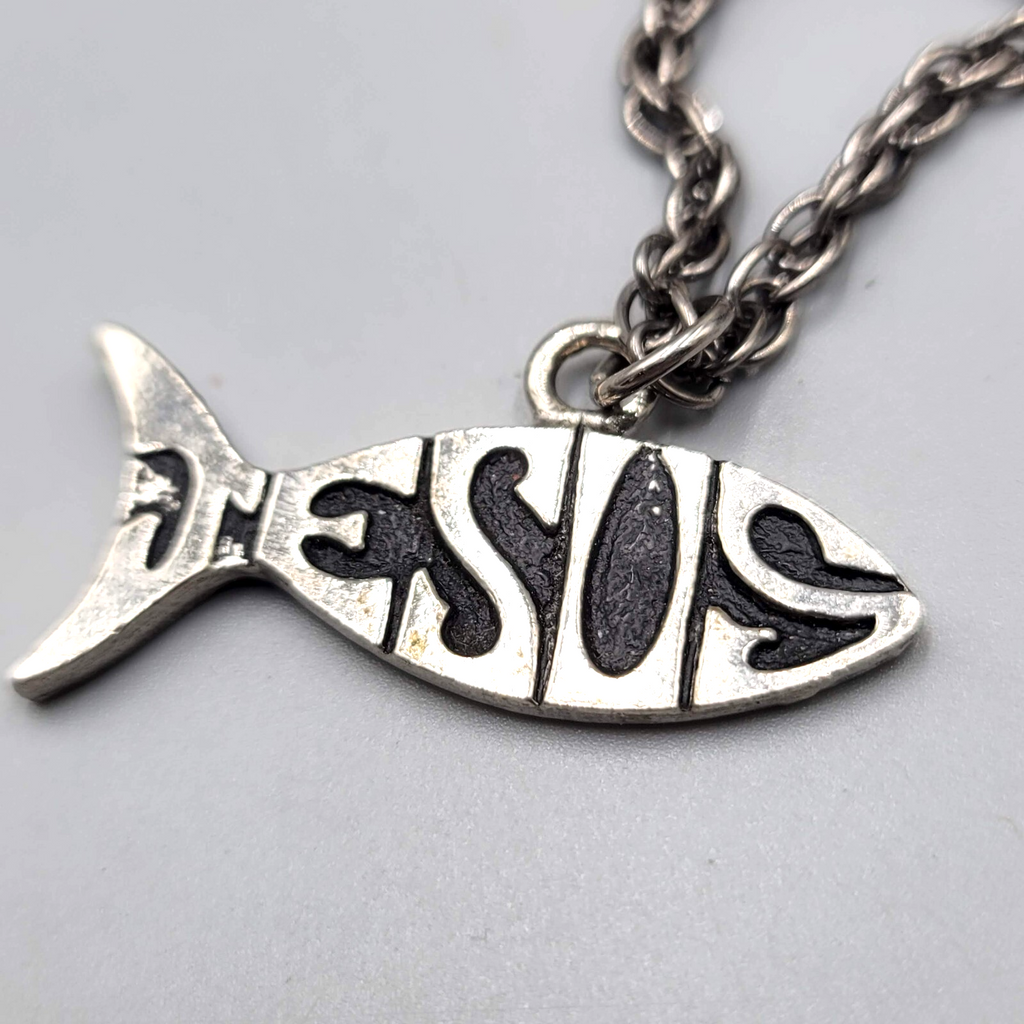Vintage Jesus Necklace Silver tone Fish Shape Pendant 25" Estate Costume