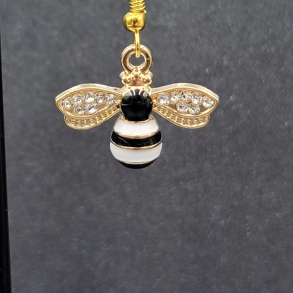 Bumble Bee Pierced Earrings Gold tone Rhinestone White Enamel Dangle New 5/8"