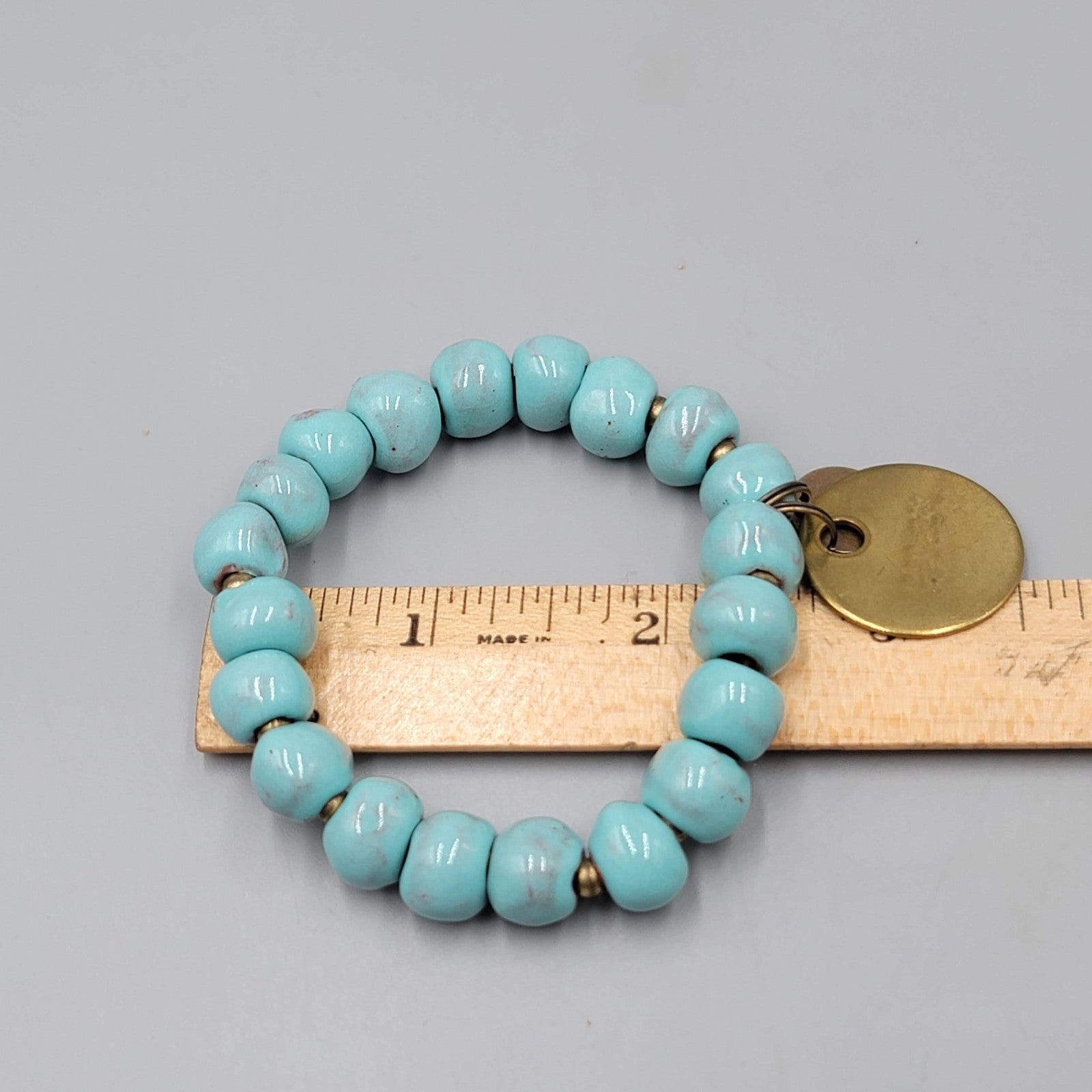 Signed Blue Pottery Blue Bracelet Brass HUMBLE Charm 6.5" Elastic Stretch