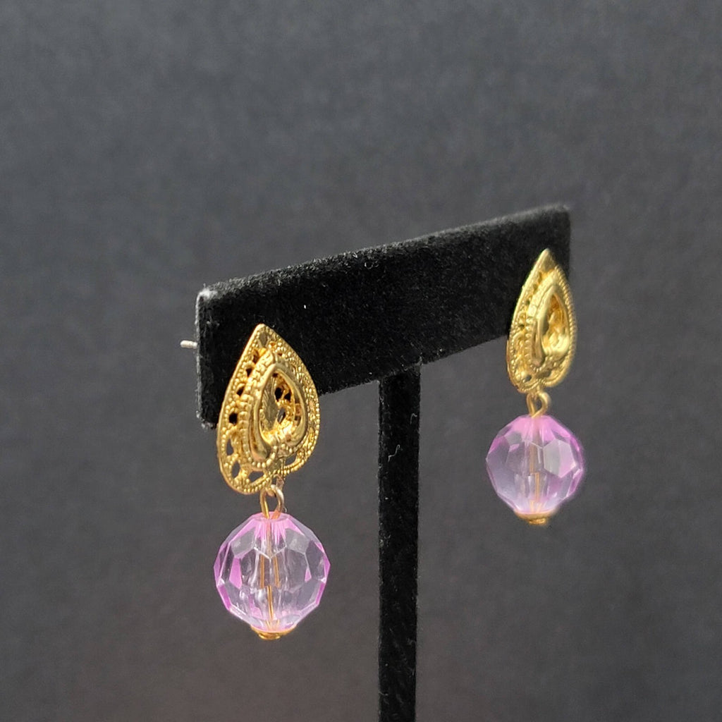 Pierced Earrings Gold tone Purple Plastic Bead Dangle 1.25"