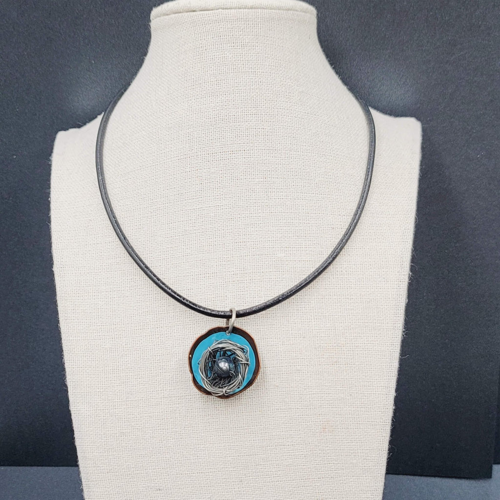 Artisan Birds Nest Necklace Leather Cord Blue Enamel Black Pearl 16"