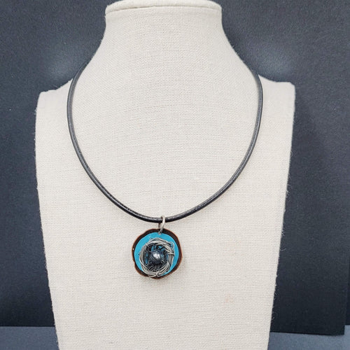 Artisan Birds Nest Necklace Leather Cord Blue Enamel Black Pearl 16"