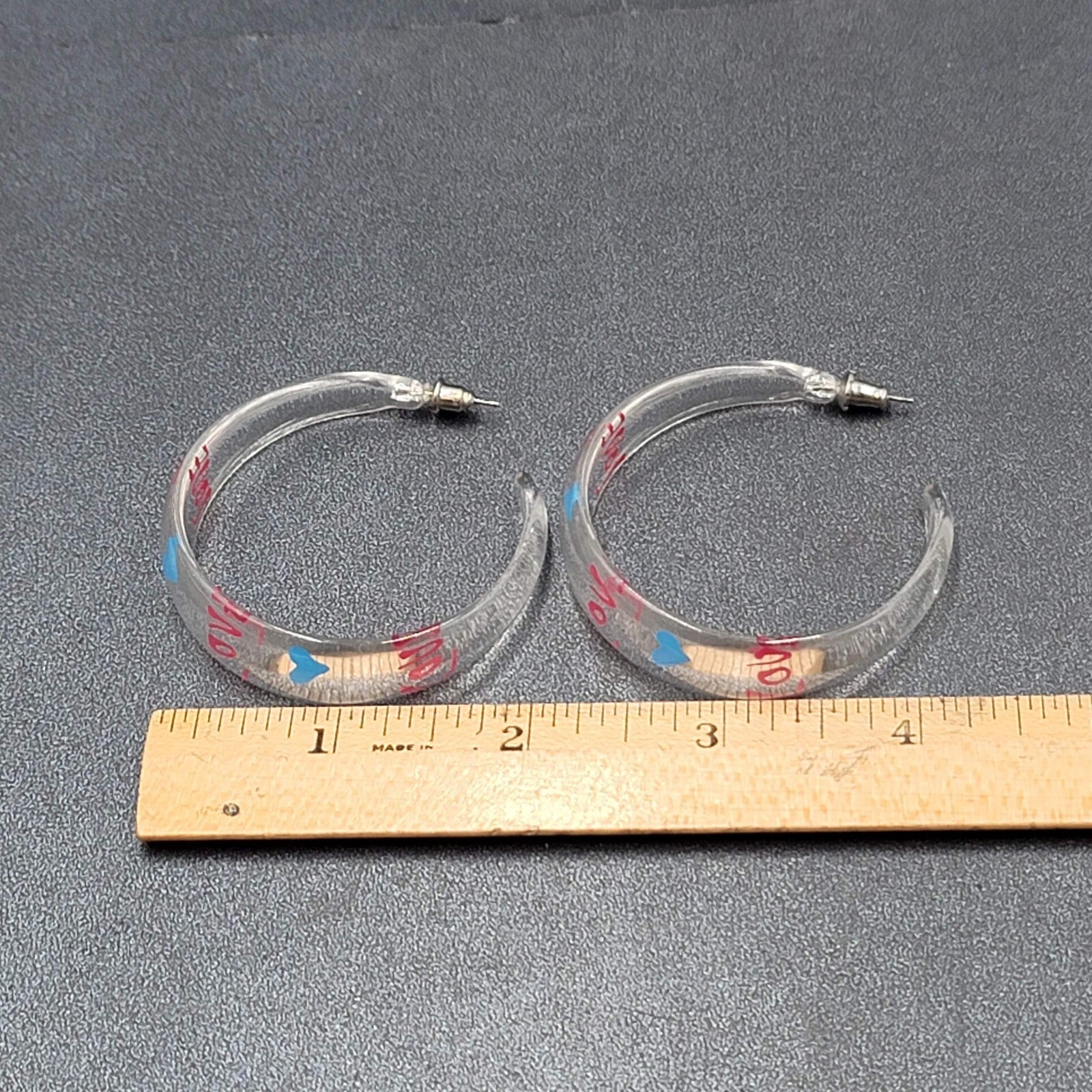 Pierced Earrings Clear Acrylic Large Hoops LOVE HEARTS 2"