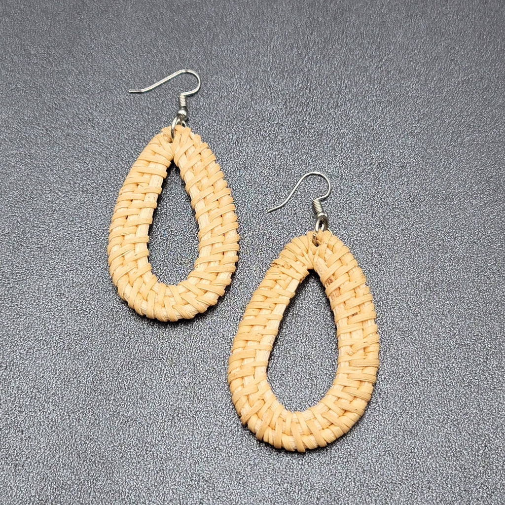 Pierced Earrings Rattan Open Teardrop Dangle Silver tone Hook 2.25"