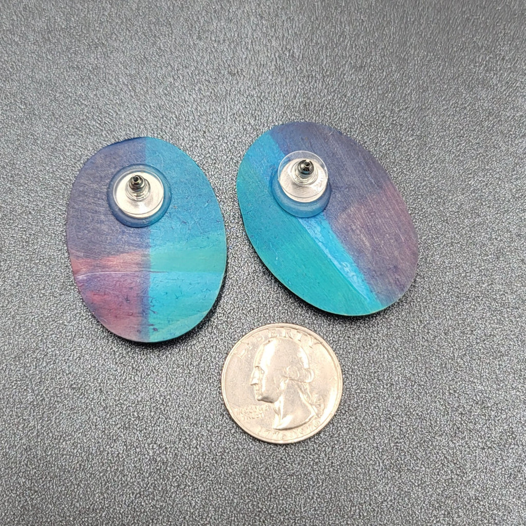 Pierced Earrings Blue Pink Purple Oval Wood Statement 1.25"