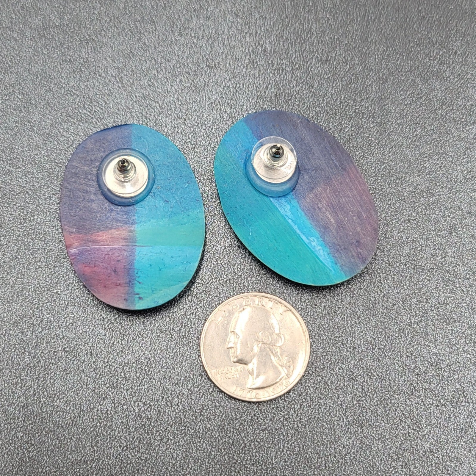 Pierced Earrings Blue Pink Purple Oval Wood Statement 1.25"