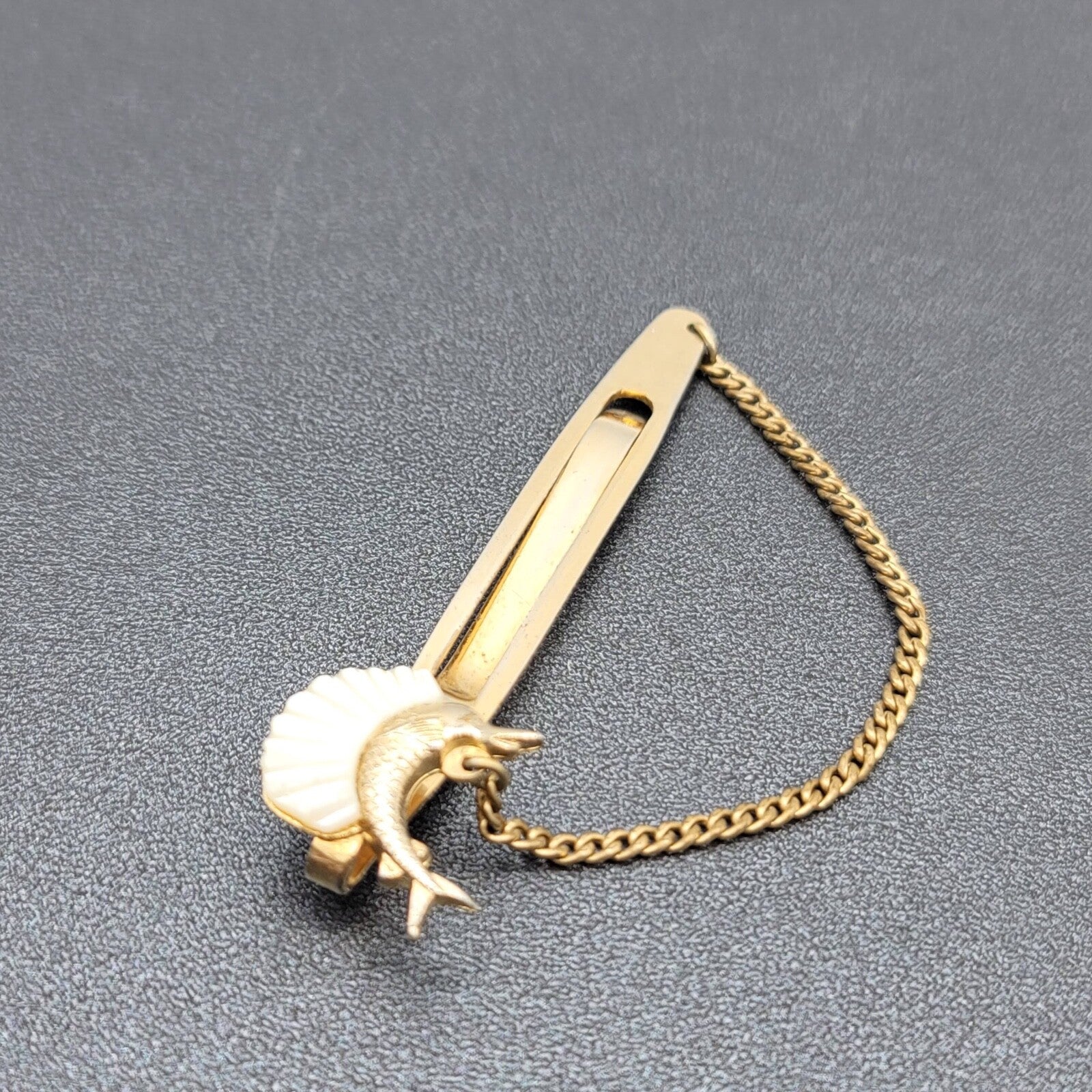 Vintage Chain Tie Bar Clip Carved Mother of Pearl Swordfish Fish Fishing