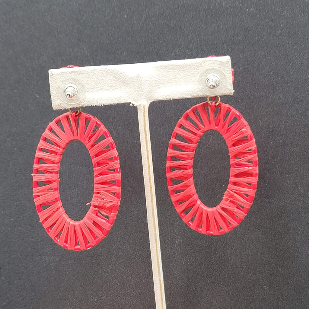 Pierced Earrings Red Rattan Dangle Hoops Statement 2.5"