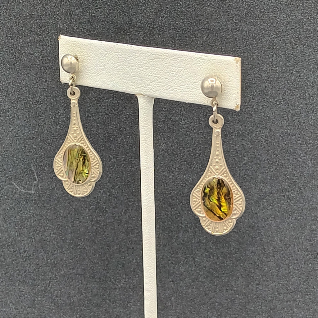 Vintage Pierced Earrings Silver tone Faux Abalone Dangle 1.75"