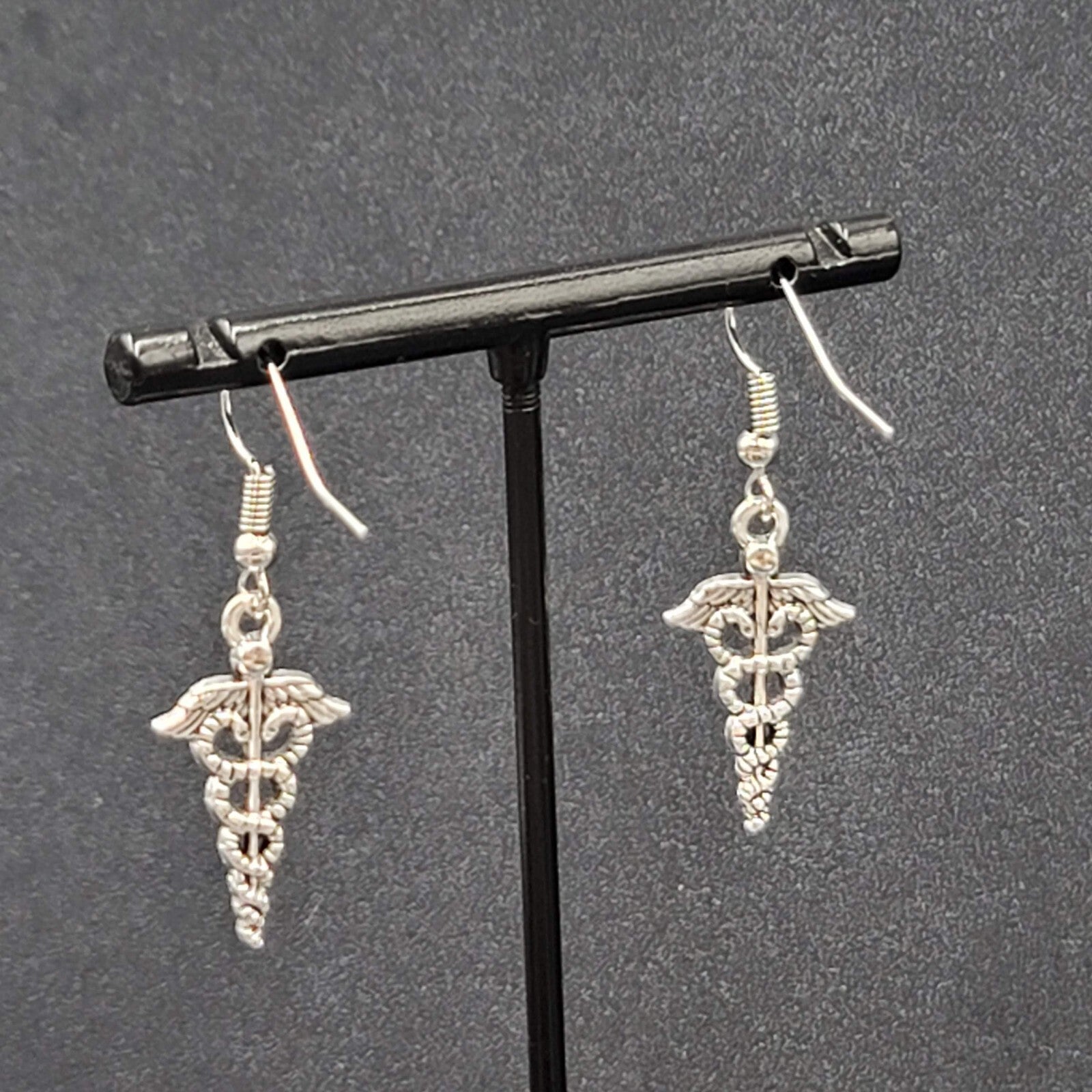  Caduceus Pierced Earrings Silver tone Medical Dangle 1"