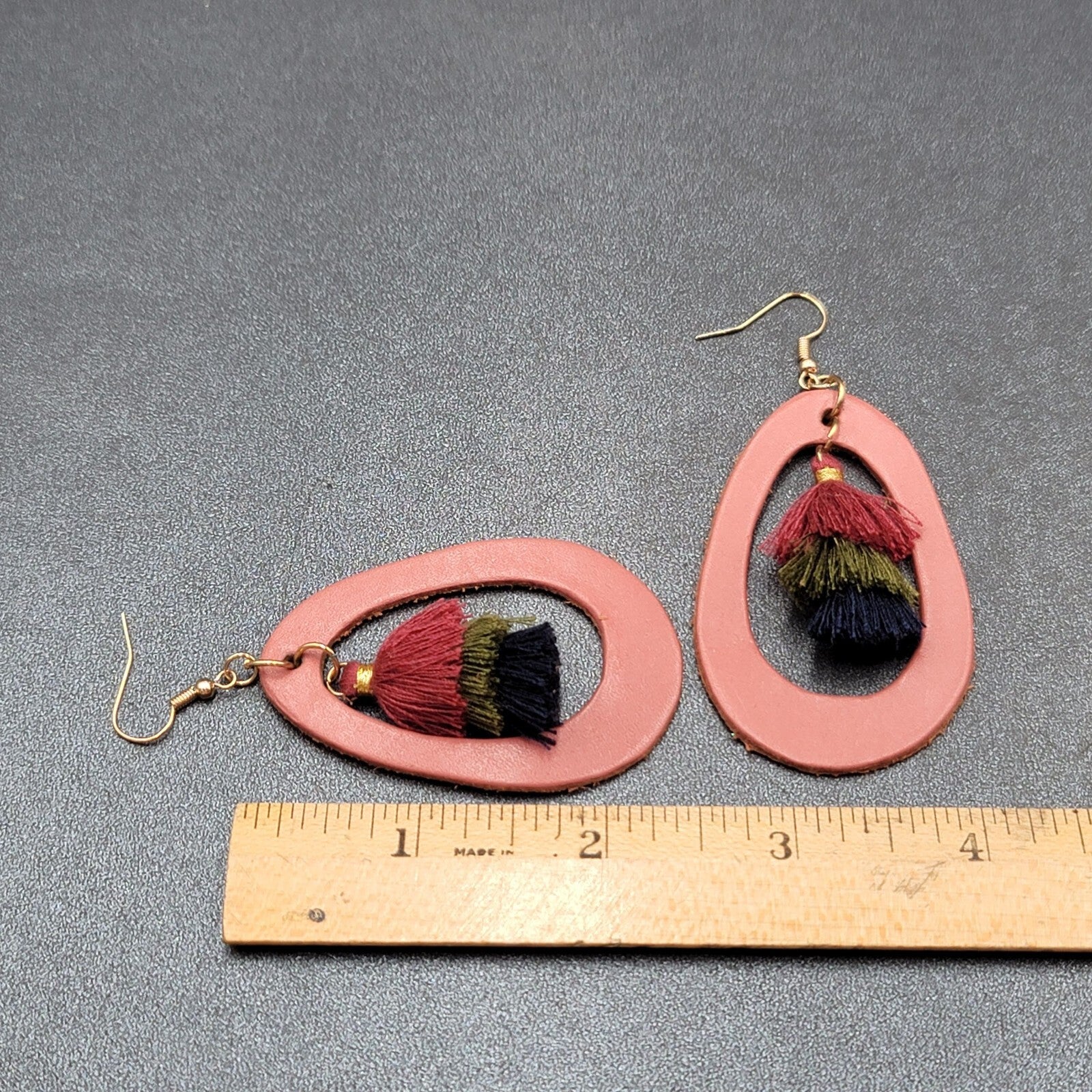 Pierced Earrings Dusty Rose Pink Leather Teardrop Tassel Boho Art  2.5"