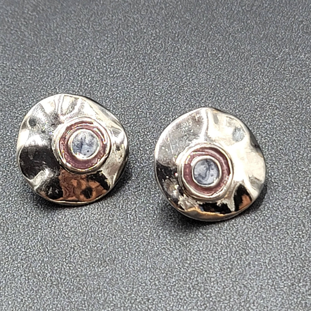 Vintage Clip on Earrings Polished Silver Plated Purple Enamel Round 1"