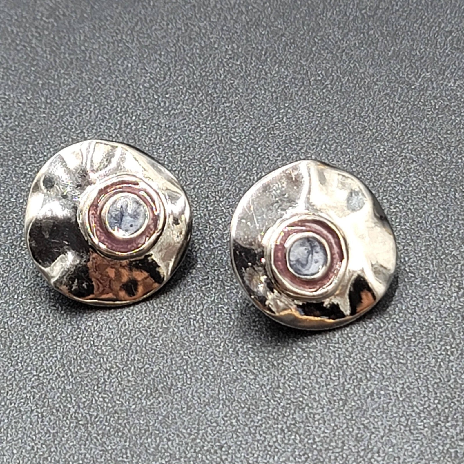 Vintage Clip on Earrings Polished Silver Plated Purple Enamel Round 1"