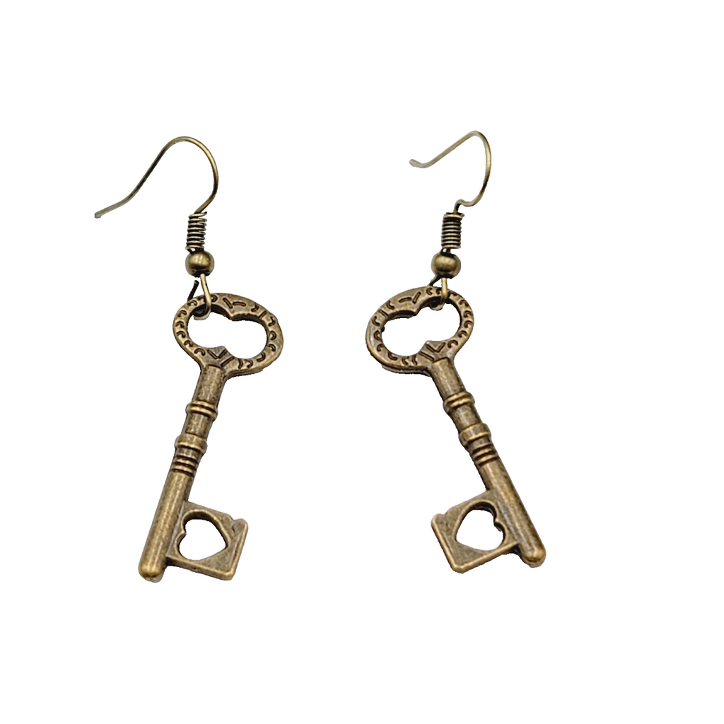 New Heart Skeleton Key Pierced Earrings Bronze tone Dangle 1 3/8"