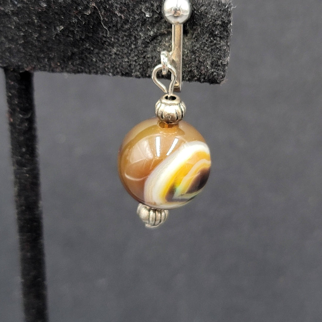 Clip on Earrings Silver tone Slag Glass Marble Bead Dangle 1"
