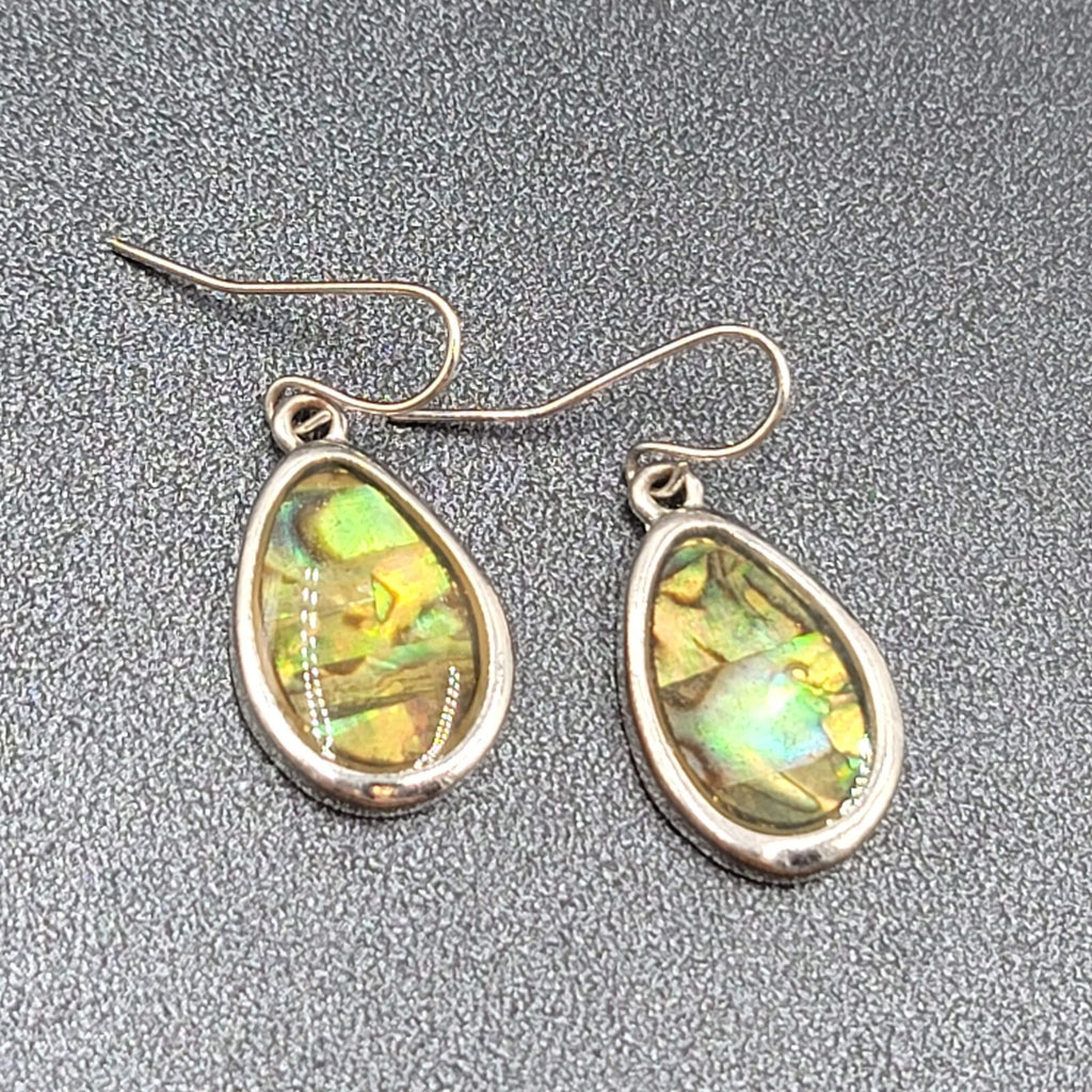 Pierced Earrings Silver tone Imitation Abalone Teardrop Dangle 1"