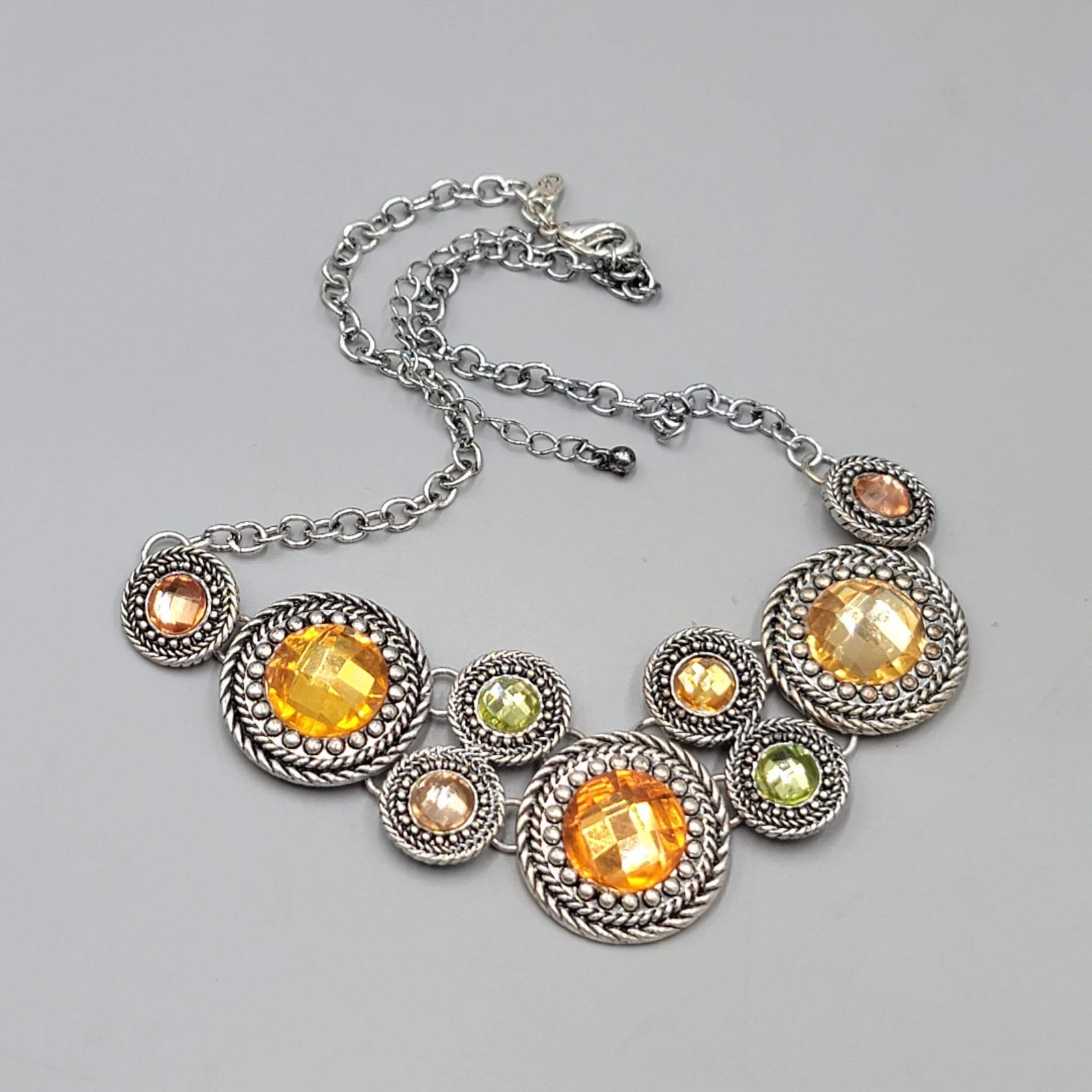 Premier Designs Necklace Silver tone Orange Green Rhinestones Bib 16"-20"